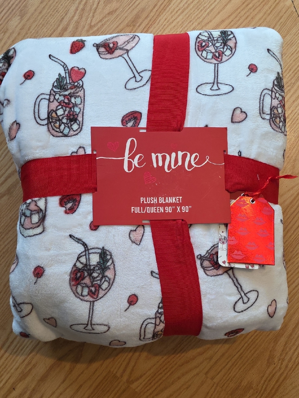 Be Mine White Plush Blanket with Red Heart & Drink Print